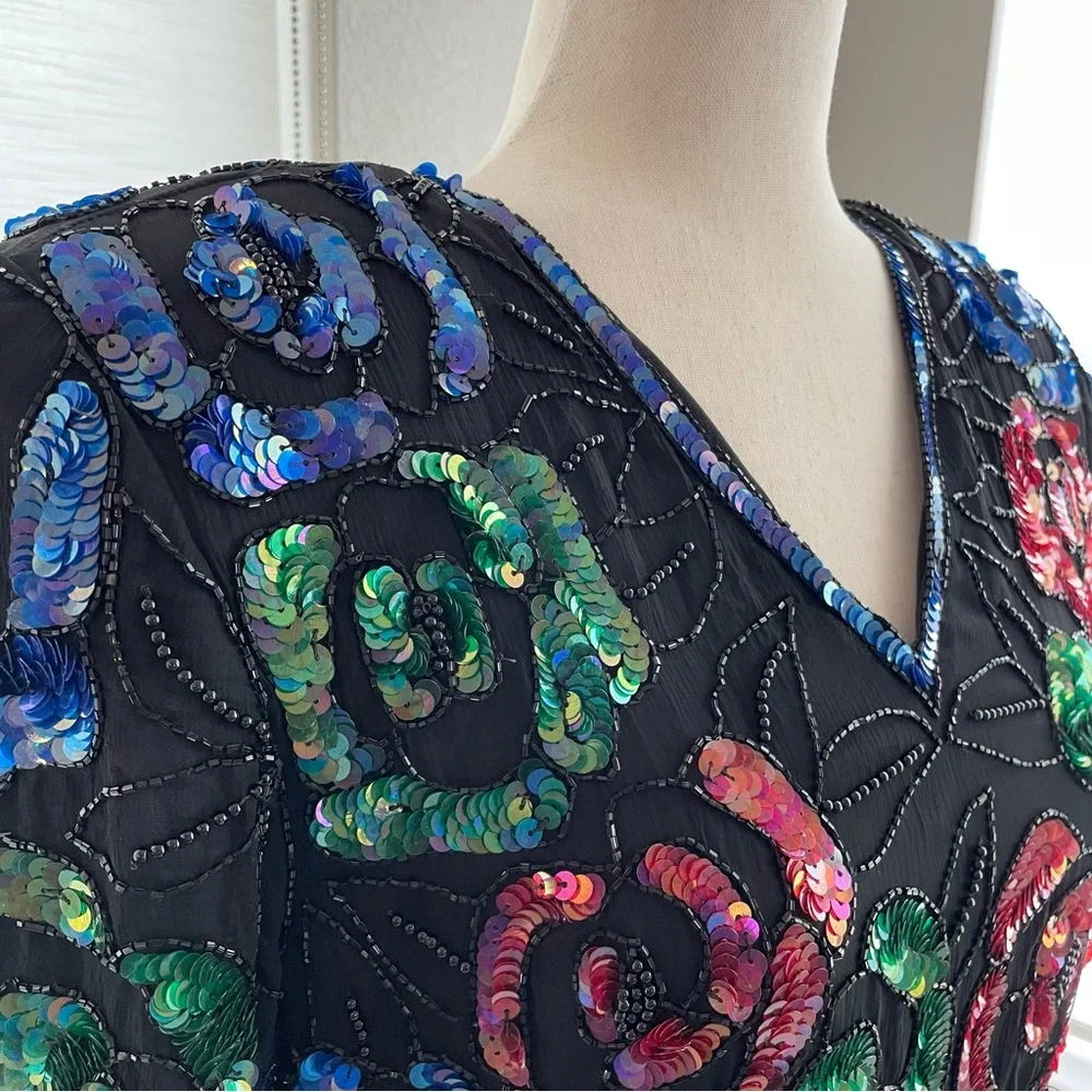 Vintage Stenay Silk Beaded and Sequin Top Short Sleeve Size Small